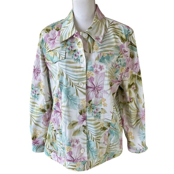 Alfred Dunner Jean Jacket Women's Size 16 White Tropical Floral Cotton Stretch - Picture 1 of 10